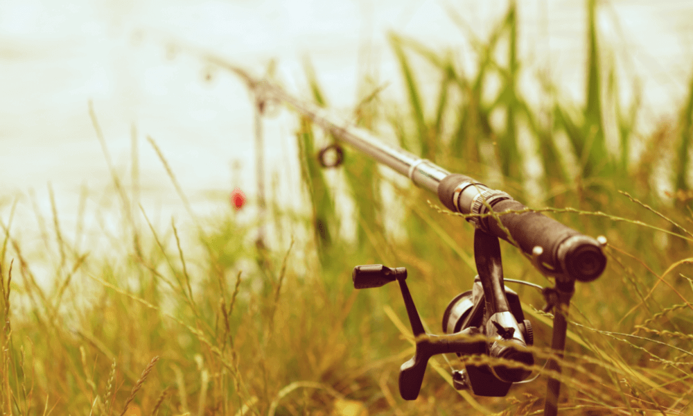 Fishing rod setup by the River Wye near Hay-on-Wye