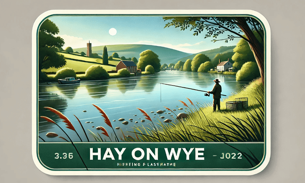 Cartoon illustration of fishing in the River Wye – outdoor activity near Hay-on-Wye