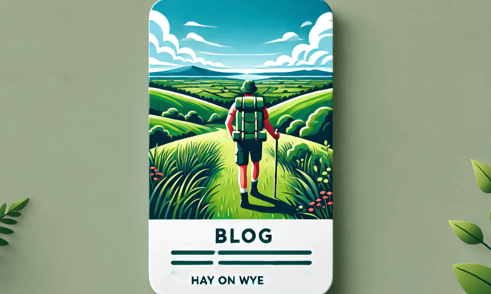 Cartoon of hiking trails around Hay-on-Wye – scenic countryside walks for nature lovers and dog owners