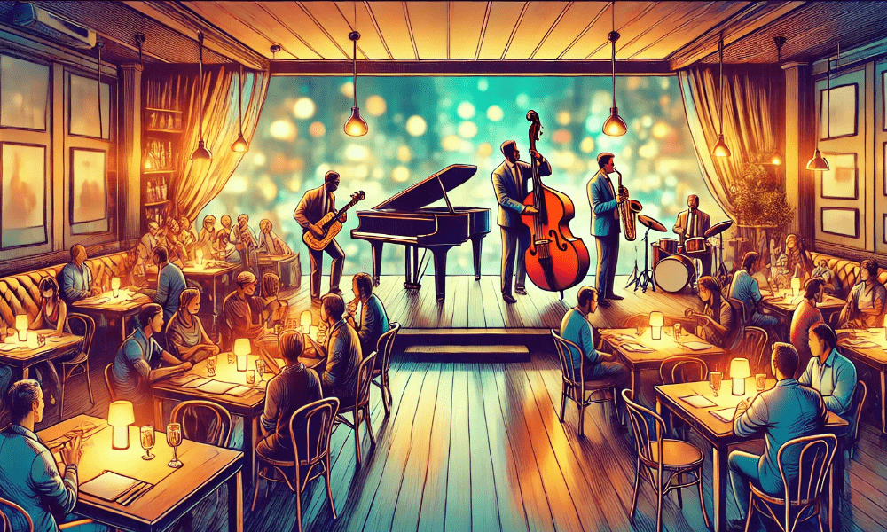 Cartoon of a jazz band playing at a quality restaurant in Hay-on-Wye – live music and dining experience