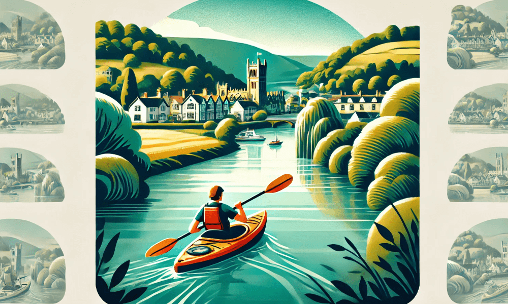 Cartoon of kayaking on the River Wye near Hay-on-Wye – scenic outdoor adventure in the Welsh countryside