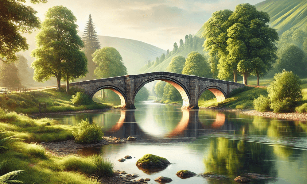 AI-generated image of a bridge over the River Wye in Hay-on-Wye for the 'Guess the Bridge' quiz